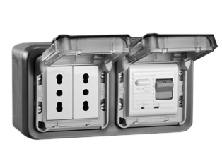 ITALY, CHILE, SOUTH AMERICA 10A/16A-230V <font color="yellow">GFCI (RCBO/RCD)</font> TYPE L DUPLEX OUTLET, CEI 23-50 (S17) CEI 23-16 (IT1-10R/IT2-16R) <font color="yellow">(30mA TRIP)</font>, 50/60Hz, SHUTTERED CONTACTS, IP55 RATED ENCLOSURE, HORIZONTAL SURFACE MOUNT, GLAND TYPE CABLE ENTRY <font color="yellow">(**)</font>, 2 POLE-3 WIRE GROUNDING (2P+E). GRAY. 

<BR><font color="yellow">Notes:</font>
<BR><font color="yellow">*</font> Accepts Type Italy, Chile type L 10 Ampere, 16 Ampere plugs.
<BR><font color="yellow">*</font> Downstream outlets can be protected. Use on single phase 230 volt circuits only.
<BR><font color="yellow">*</font> Latched RCD, No reset after power failure. RCBO (single pole + neutral) provides over current protection.
<BR><font color="yellow">*</font> Screw terminal torque = 0.08Nm. Operating temp. = -5C to +40C. 
<BR><font color="yellow">*</font> Weatherproof IP66 rated outlets available.  
<BR><font color="yellow">*</font> Not for use on life support, medical equipment, refrigeration equipment.  
<BR><font color="yellow">**</font> <font color="Orange"> M20 "Hub Entry" designs and IP66 rated versions available. GFCI (RCBO/RCD) outlets are available for all countries.</font>
 

   
 