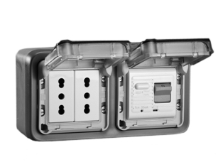 ITALY, CHILE, SOUTH AMERICA 10A/16A-230V <font color="yellow">GFCI (RCBO/RCD)</font> TYPE L DUPLEX OUTLET, CEI 23-50 (S17) CEI 23-16 (IT1-10R/IT2-16R) <font color="yellow">(10mA TRIP)</font>, 50/60Hz, SHUTTERED CONTACTS, IP55 RATED ENCLOSURE, HORIZONTAL SURFACE MOUNT, GLAND TYPE CABLE ENTRY <font color="yellow">(**)</font>, 2 POLE-3 WIRE GROUNDING (2P+E). GRAY. 

<BR><font color="yellow">Notes:</font>
<BR><font color="yellow">*</font> Accepts Type Italy, Chile type L 10 Ampere, 16 Ampere plugs.
<BR><font color="yellow">*</font> Downstream outlets can be protected. Use on single phase 230 volt circuits only.
<BR><font color="yellow">*</font> Latched RCD, No reset after power failure. RCBO (single pole + neutral) provides over current protection.
<BR><font color="yellow">*</font> Screw terminal torque = 0.08Nm. Operating temp. = -5C to +40C. 
<BR><font color="yellow">*</font> Weatherproof IP66 rated outlets available.  
<BR><font color="yellow">*</font> Not for use on life support, medical equipment, refrigeration equipment.  
<BR><font color="yellow">**</font> <font color="Orange"> M20 "Hub Entry" designs and IP66 rated versions available. GFCI (RCBO/RCD) outlets are available for all countries.</font>
   
 