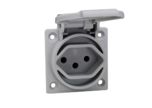 SWISS 10 AMPERE-250 VOLT WEATHERPROOF IP54 PANEL OR WALL BOX MOUNT (SW1-10R), TYPE 13, POWER OUTLET (WITH GASKET), 2 POLE-3 WIRE GROUNDING (2P+E). GRAY.

<br><font color="yellow">Notes: </font> 
<br><font color="yellow">*</font> Thermoplastic socket outlet.
<br><font color="yellow">*</font> Operating temp. = -25C to +40C.
<br><font color="yellow">*</font> Storage temp. = -25C to +70C.
<br><font color="yellow">*</font> Stainless steel wall plates #97120-BZ and #97120-DBZ mounts outlet onto standard American 2x4 and 4x4 wall boxes.
<br><font color="yellow">*</font> For surface mount applications use #70125 wall box.
<br><font color="yellow">*</font> For DIN rail mount use #70125-DIN bracket with #70125 wall box.
<br><font color="yellow">*</font> Optional panel mount terminal shield #70127 available.
<br><font color="yellow">*</font> Swiss plugs outlets, connectors, power cords, socket strips, GFCI RCD outlets are listed below in related products. Scroll down to view.