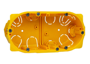 EUROPEAN, INTERNATIONAL, UK, BRITISH, UNITED KINGDOM WALL BOX, FLUSH MOUNT, TWO GANG (DUPLEX), IP20 RATED <font color="yellow">(50mm DEEP)</font>, 60mm (60.3mm) MOUNTING CENTERS.
<br><font color="yellow">Notes:</font> 

<br><font color="yellow">*</font> Mounts European, British, American, outlets on sheet rock, wall board or 1/4" paneling.
<br><font color="yellow">*</font><font color="yellow">*</font><font color="yellow">*</font> Mounting fins adjust out and up securing many material thicknesses ranging from <font color="yellow">5mm to 35mm thick</font>. View print for box mounting details.

<br><font color="yellow">*</font> Accepts International Modular 22.5mmX45mm & 45mmX45mm modular size devices. Call Sales Dept. for details.

<BR><font color="yellow">*</font> View European, British, Modular Outlets Switches & Mounting Frames, Wall Plates.<a href="https://www.internationalconfig.com/modular_electrical_devices.asp" style="text-decoration: none">[ Entire Modular Device Series ]</a>

 <br><font color="yellow">*</font> Weatherproof IP55 applications require # 77190-D Wall box, # 69683X45 Mounting frame, (2) # 69580X45 covers. 

<br><font color="yellow">*</font> IP20 applications require # 77190-D Wall box, # 69683X45 Mounting frame, (2) # 69582X45 covers.
 
<br><font color="yellow">*</font> Surface mount modular device wall boxes available. View part # 79235X45, # 79230X45 series.

<br><font color="yellow">*</font>  Flush mount steel wall boxes available, view part <font color="yellow"># 72355X47D series.</font> 
<br><font color="yellow">*</font> # 77190-D Accepts # 70114-2USB outlet.

<br><font color="yellow">*</font>  Verify mating product(s) depth dimension for compatibility with # 77190-D wall box.

 <br><font color="yellow">*</font> Not for use with # 730091X45, # 730092X45 frames or 86mmX146mm size devices with 120mm (120.6mm) mounting centers. 

  
 