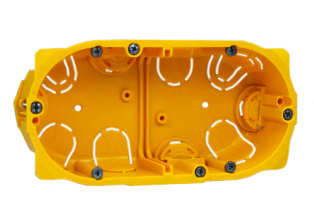 EUROPEAN, INTERNATIONAL, UK, BRITISH, UNITED KINGDOM WALL BOX, FLUSH MOUNT, TWO GANG (DUPLEX), IP20 RATED <font color="yellow">(50mm DEEP)</font>, 60mm (60.3mm) MOUNTING CENTERS.
<br><font color="yellow">Notes:</font> 

<br><font color="yellow">*</font> Mounts European, British, American, outlets on sheet rock, wall board or 1/4" paneling.
<br><font color="yellow">*</font><font color="yellow">*</font><font color="yellow">*</font> Mounting fins adjust out and up securing many material thicknesses ranging from <font color="yellow">5mm to 35mm thick</font>. View print for box mounting details.

<br><font color="yellow">*</font> Accepts International Modular 22.5mmX45mm & 45mmX45mm modular size devices. Call Sales Dept. for details.

<BR><font color="yellow">*</font> View European, British, Modular Outlets Switches & Mounting Frames, Wall Plates.<a href="https://www.internationalconfig.com/modular_electrical_devices.asp" style="text-decoration: none">[ Entire Modular Device Series ]</a>

 <br><font color="yellow">*</font> Weatherproof IP55 applications require # 77190-D Wall box, # 69683X45 Mounting frame, (2) # 69580X45 covers. 

<br><font color="yellow">*</font> IP20 applications require # 77190-D Wall box, # 69683X45 Mounting frame, (2) # 69582X45 covers.
 
<br><font color="yellow">*</font> Surface mount modular device wall boxes available. View part # 79235X45, # 79230X45 series.

<br><font color="yellow">*</font>  Flush mount steel wall boxes available, view part <font color="yellow"># 72355X47D series.</font> 
<br><font color="yellow">*</font> # 77190-D Accepts # 70114-2USB outlet.

<br><font color="yellow">*</font>  Verify mating product(s) depth dimension for compatibility with # 77190-D wall box.

 <br><font color="yellow">*</font> Not for use with # 730091X45, # 730092X45 frames or 86mmX146mm size devices with 120mm (120.6mm) mounting centers. 

  
 