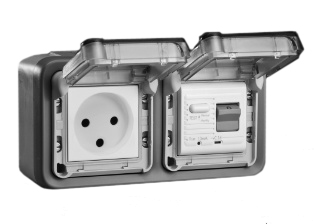 ISRAEL 16 AMPERE-230 VOLT GFCI (RCBO/RCD) OUTLET, SI 32 (IS1-16R), 10mA TRIP, 50/60 Hz, 2 POLE-3 WIRE GROUNDING, IP55 RATED WEATHERPROOF BOX AND COVER, (GLAND TYPE CABLE ENTRY), HORIZONTAL SURFACE MOUNT. GRAY.

