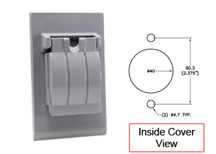 AMERICAN SINGLE OUTLET WEATHER PROTECTIVE COVER, VERTICAL MOUNT, GASKETED, THERMOPLASTIC. GRAY.

<br><font color="yellow">Notes: </font> 
<br><font color="yellow">*</font> Mounts on American 2x4 size wall boxes.
<br><font color="yellow">*</font> Accepts American/NEMA single outlets #5251-I, 8201-I, 5651-I, 5351-I, 8301-I, 5851-I, 8801-I, L520-R, L620-R, L530-R, L630-R, 4710, 4560 & Australian #74110, 74510, 74810 outlets & Japanese #78520, 78620 outlets.