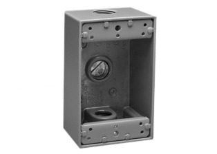 WEATHERPROOF AMERICAN, CANADA <font color="yellow">ONE GANG (2X4)</font> WALL BOX, SURFACE MOUNT, WET/DRY LOCATION, 2-5/8 INCHES DEEP, <font color="yellow"> THREE 1/2 INCH (NPT) CONDUIT ENTRY HOLES</font>, TWO CLOSURE PLUGS, EXTERNAL MOUNTING BRACKETS, GROUND SCREW, EXTERNAL MOUNTING BRACKETS, CAST ALUMINUM. GRAY.

<br><font color="yellow">Notes:</font> 
<BR><font color="yellow">*</font> Adapter available # 02015, Converts 1/2 Inch NPT thread to M20 thread. 

<br><font color="yellow">*</font> Accepts <font color="Yellow"> American, Canada NEMA</font> Duplex outlets, Single outlets & NEMA locking outlets.  <a href="https://internationalconfig.com/united-states-electrical-devices-power-plugs-connectors-sockets-receptacles-outlets-adapters-cords-powerstrips-inlets.asp#">NEMA Outlets Link</a>

<br><font color="yellow">*</font> Accepts <font color="orange "> European, American, International </font> Modular outlets. <a href="https://www.internationalconfig.com/modular_electrical_devices.asp">Modular Outlets Link</a> 
 Requires # 79120X45-N frame, # 79130X45-N wall plate.

  <br><font color="yellow">*</font> Accepts <font color="LightCoral"> Weatherproof IP54,  </font> European, International, American outlets. <a href="https://www.internationalconfig.com/icc5.asp?productgroup=%27Weatherproof%20Outlets,Boxes,Covers%27&Producttype=%27Panel%20Mount%20Outlets,IP44,IP55,IP68%27&set=1&title1=%27prodtype%27">Weatherproof Outlets Link</a>  Requires # 97120-BZ wall plate.

<BR><font color="yellow">*</font> Adapter available # 02015, Converts 1/2 Inch NPT thread to M20 thread. 


<br><font color="yellow">*</font> Additional surface mount, flush mount, weatherproof wall boxes available. Scroll down to view.

 


 