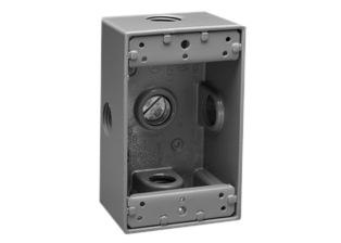 WEATHERPROOF AMERICAN, CANADA <font color="yellow">ONE GANG (2X4)</font> WALL BOX, SURFACE MOUNT, WET/DRY LOCATION, <br><font color="yellow"> 2 INCHES  DEEP</font>, FIVE 3/4 INCH (NPT) CONDUIT ENTRY HOLES, FOUR CLOSURE PLUGS, EXTERNAL MOUNTING BRACKETS, CAST ALUMINUM. GRAY.

<br><font color="yellow">Notes:</font> 
<br><font color="yellow">*</font> Accepts <font color="Yellow"> American, Canada NEMA</font> Duplex outlets, Single outlets & NEMA locking outlets.  <a href="https://internationalconfig.com/united-states-electrical-devices-power-plugs-connectors-sockets-receptacles-outlets-adapters-cords-powerstrips-inlets.asp#">NEMA Outlets Link</a>

<br><font color="yellow">*</font> Accepts <font color="orange "> European, American, International </font> Modular outlets. <a href="https://www.internationalconfig.com/modular_electrical_devices.asp">Modular Outlets Link</a> 
 Requires # 79120X45-N frame, # 79130X45-N wall plate. 
<br><font color="yellow">*</font> Accepts <font color="LightCoral"> Weatherproof IP54,</font> European, International, American outlets. <a href="https://www.internationalconfig.com/icc5.asp?productgroup=%27Weatherproof%20Outlets,Boxes,Covers%27&Producttype=%27Panel%20Mount%20Outlets,IP44,IP55,IP68%27&set=1&title1=%27prodtype%27">Weatherproof Outlets Link</a>  Requires # 97120-BZ wall plate.
<br><font color="yellow">*</font> Additional surface mount, flush mount, weatherproof wall boxes available. Scroll down to view.