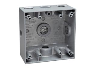 WEATHERPROOF AMERICAN, CANADA <font color="yellow">TWO GANG (4X4)</font> WALL BOX, SURFACE MOUNT, WET/DRY LOCATION, 2 INCHES DEEP, <font color="yellow"> SIX 1/2 INCH (NPT)</font> CONDUIT ENTRY HOLES, FIVE 1/2 INCH (NPT) CLOSURE PLUGS, EXTERNAL MOUNTING BRACKETS, CAST ALUMINUM. GRAY.
<br><font color="yellow">Notes:</font> 
 
<br><font color="yellow">*</font> Accepts <font color="Yellow"> American, Canada NEMA</font> Duplex outlets, Single outlets & NEMA locking outlets.  <a href="https://internationalconfig.com/united-states-electrical-devices-power-plugs-connectors-sockets-receptacles-outlets-adapters-cords-powerstrips-inlets.asp#">NEMA Outlets Link</a>

<br><font color="yellow">*</font> Accepts <font color="orange "> European, American, International </font> Modular outlets. <a href="https://www.internationalconfig.com/modular_electrical_devices.asp">Modular Outlets Link</a> Requires # 79210X45-N frame, # 79220X45-N wall plate. 
<br><font color="yellow">*</font> Accepts <font color="LightCoral"> Weatherproof IP54,</font> European, International, American outlets. <a href="https://www.internationalconfig.com/icc5.asp?productgroup=%27Weatherproof%20Outlets,Boxes,Covers%27&Producttype=%27Panel%20Mount%20Outlets,IP44,IP55,IP68%27&set=1&title1=%27prodtype%27">Weatherproof Outlets Link</a>  Requires # 97120-DBZ wall plate.

<BR><font color="yellow">*</font> Adapter available # 02015, Converts 1/2 Inch NPT thread to M20 thread. 
 
<br><font color="yellow">*</font> Additional surface mount, flush mount, weatherproof wall boxes available. Scroll down to view.