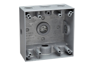 WEATHERPROOF AMERICAN, CANADA <font color="yellow">TWO GANG (4X4)</font> WALL BOX, SURFACE MOUNT, WET/DRY LOCATION,  <br><font color="yellow"> 2 INCHES  DEEP</font>, SIX 3/4 INCH (NPT) CONDUIT ENTRY HOLES, 5 CLOSURE PLUGS, EXTERNAL MOUNTING BRACKETS, CAST ALUMINUM. GRAY.

<br><font color="yellow">Notes:</font> 
<br><font color="yellow">*</font> Accepts <font color="Yellow"> American, Canada NEMA</font> Duplex outlets, Single outlets & NEMA locking outlets.  <a href="https://internationalconfig.com/united-states-electrical-devices-power-plugs-connectors-sockets-receptacles-outlets-adapters-cords-powerstrips-inlets.asp#">NEMA Outlets Link</a>

<br><font color="yellow">*</font> Accepts <font color="orange "> European, American, International </font> Modular outlets. <a href="https://www.internationalconfig.com/modular_electrical_devices.asp">Modular Outlets Link</a> Requires # 79210X45-N frame, # 79220X45-N wall plate. 
<br><font color="yellow">*</font> Accepts <font color="LightCoral"> Weatherproof IP54,</font> European, International, American outlets. <a href="https://www.internationalconfig.com/icc5.asp?productgroup=%27Weatherproof%20Outlets,Boxes,Covers%27&Producttype=%27Panel%20Mount%20Outlets,IP44,IP55,IP68%27&set=1&title1=%27prodtype%27">Weatherproof Outlets Link</a>  Requires # 97120-DBZ wall plate.
<br><font color="yellow">*</font> Additional surface mount, flush mount, weatherproof wall boxes available. Scroll down to view.

   