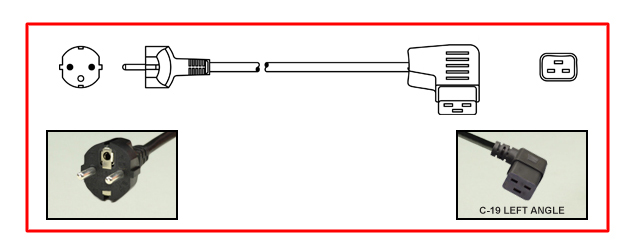 EUROPEAN CEE 7/7 SCHUKO 16 AMPERE 230-250 VOLT DETACHABLE POWER CORD, [EU1-16P] DIN 49440/49441 TYPE E, F PLUG, IEC 60320 C-19 LEFT ANGLE CONNECTOR, 2 POLE-3 WIRE GROUNDING, 2.5 METERS [8FT-2IN] [98"] LONG. BLACK. 
<br><font color="yellow">Length: 2.5 METERS [8FT-2IN]</font>
 