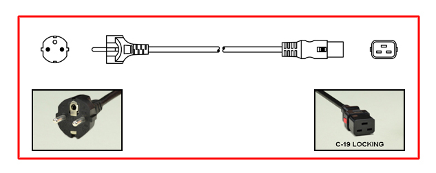 <font color="red">LOCKING</font> 16A-250V EUROPEAN SCHUKO POWER CORD, SCHUKO CEE 7/7 PLUG TYPE E, F (EU1-16P), IEC 60320 <font color="RED"> LOCKING C-19 CONNECTOR</font>, H05VV-F 1.5mm2 CONDUCTORS, 70C, 2 POLE-3 WIRE GROUNDING [2P+E], 2.5 METERS [8FT-2IN] [98"] LONG. BLACK.
<br><font color="yellow">Length: 2.5 METERS [8FT-2IN]</font> 

<br><font color="yellow">Notes: </font> 
<br><font color="yellow">*</font> Locking C19 connector designed to securely lock onto all C20 inlets, C20 plugs, C20 power cords.
<br><font color="yellow">*</font> IEC 60320 C19 connector locks onto C20 power inlets or C20 plugs. (<font color="red"> Red color (slide release latch) unlocks the C19 connector.</font>)
<br><font color="yellow">*</font><font color="orange">Custom lengths / designs available.</font>  
<br><font color="yellow">*</font> <font color="red"> Locking</font> European. British, UK, Australian, International and America / Canada NEMA 5-15P, 5-20P, 6-15P, 6-20P, L5-15P, L6-15P, L5-20P, L6-20P, L5-30P, L6-30P, IEC 60309 (6h), IEC 60320 C13, IEC 60320 C19 locking power cords are listed below in related products. Scroll down to view.