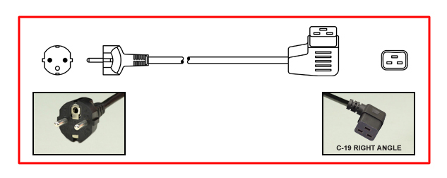 EUROPEAN CEE 7/7 SCHUKO 16 AMPERE 230-250 VOLT DETACHABLE POWER CORD, [EU1-16P] DIN 49440/49441 TYPE E, F PLUG, IEC 60320 C-19 RIGHT ANGLE CONNECTOR, 2 POLE-3 WIRE GROUNDING, 2.5 METERS [8FT-2IN] [98"] LONG. BLACK.
<br><font color="yellow">Length: 2.5 METERS [8FT-2IN]</font>