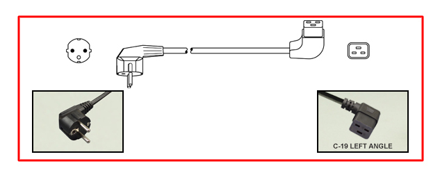 EUROPEAN CEE 7/7 SCHUKO 16 AMPERE 230-250 VOLT DETACHABLE POWER CORD, [EU1-16P] DIN 49440/49441 TYPE E, F ANGLE PLUG, IEC 60320 C-19 LEFT ANGLE CONNECTOR, 2 POLE-3 WIRE GROUNDING, 2.5 METERS [8FT-2IN] [98"] LONG. BLACK. 
<br><font color="yellow">Length: 2.5 METERS [8FT-2IN]</font>
 