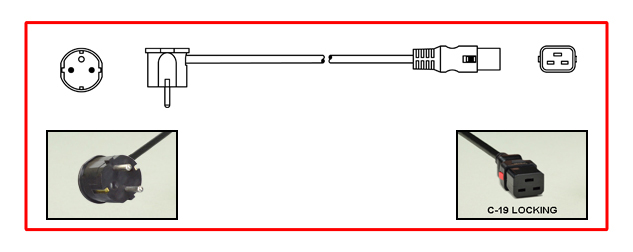 <font color="red">LOCKING</font> 16A-250V EUROPEAN SCHUKO POWER CORD, SCHUKO CEE 7/7 ANGLE PLUG TYPE E, F [EU1-16P], IEC 60320 <font color="RED"> LOCKING C-19 CONNECTOR</font>, H05VV-F 1.5mm2 CONDUCTORS, 70C, 2 POLE-3 WIRE GROUNDING [2P+E], 2.5 METERS [8FT-2IN] [98"] LONG. BLACK.
<br><font color="yellow">Length: 2.5 METERS [8FT-2IN]</font>

<br><font color="yellow">Notes: </font> 
<br><font color="yellow">*</font> Locking C19 connector designed to securely lock onto all C20 inlets, C20 plugs, C20 power cords.
<br><font color="yellow">*</font> IEC 60320 C19 connector locks onto C20 power inlets or C20 plugs. (<font color="red"> Red color (slide release latch) unlocks the C19 connector.</font>)
<br><font color="yellow">*</font><font color="orange">Custom lengths / designs available.</font>  
<br><font color="yellow">*</font> <font color="red"> Locking</font> European, British, UK, Australian, International and America / Canada NEMA 5-15P, 5-20P, 6-15P, 6-20P, L5-15P, L6-15P, L5-20P, L6-20P, L5-30P, L6-30P, IEC 60309 (6h), IEC 60320 C13, IEC 60320 C19 locking power cords are listed below in related products. Scroll down to view. 