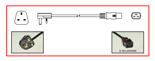 <font color="red">LOCKING</font> SAUDI ARABIA 13A-250V POWER CORD, BS 1363A, TYPE G [SA1-13P] PLUG, 13 AMPERE BS 1362 FUSE, IEC 60320 <font color="RED"> LOCKING C-19 CONNECTOR</font>, H05VV-F 1.5mm2 CONDUCTORS, 70C, 2 POLE-3 WIRE GROUNDING [2P+E], 2.5 METERS [8FT-2IN] [98"] LONG. BLACK.
<br><font color="yellow">Length: 2.5 METERS [8FT-2IN]</font>

<br><font color="yellow">Notes: </font> 
<br><font color="yellow">*</font> IEC 60320 C19 connector locks onto C20 power inlets or C20 plugs. (<font color="red"> Red color (slide release latch) unlocks the C19 connector.</font>)
<br><font color="yellow">*</font> <font color="red"> Locking</font> European, British, UK, Australian, International and America / Canada NEMA 5-15P, 5-20P, 6-15P, 6-20P, L5-15P, L6-15P, L5-20P, L6-20P, L5-30P, L6-30P, IEC 60309 (6h), IEC 60320 C-13, IEC 60320 C19 locking power cords are listed below in related products. Scroll down to view.