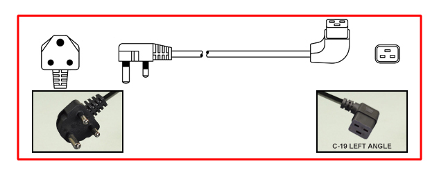 SOUTH AFRICA 15 AMPERE-250 VOLT POWER CORD <font color="yellow">**</font>, SANS 164-1, BS 546, UK2-15P, TYPE M PLUG, LEFT ANGLE IEC 60320 C-19 CONNECTOR, 2 POLE-3 WIRE GROUNDING [2P+E], 2.5 METERS [8FT-2IN] [98"] LONG, BLACK. 
<br><font color="yellow">Length: 2.5 METERS [8FT-2IN]</font>

<br><font color="yellow">Notes: </font>
<br><font color="yellow">**</font> SABS Approved [South Africa Bureau of Standards] 
<br><font color="yellow">*</font> Type M plugs connect with South Africa 15A/16A-250V outlets.
<br><font color="yellow">*</font> South Africa, plugs, power cords, outlets, sockets, power strips, adapters listed below in related products. Scroll down to view.
