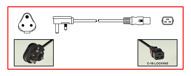 <font color="red">LOCKING</font> SOUTH AFRICA 15 AMPERE-250 VOLT POWER CORD, SANS 164-1, BS 546, [UK2-15P] TYPE M PLUG, IEC 60320 <font color="RED"> LOCKING C-19 CONNECTOR</font>, H05VV-F 1.5mm CONDUCTORS, 70C, 2 POLE-3 WIRE GROUNDING [2P+E], 2.5 METERS [8FT-2IN] [98"] LONG, BLACK.
<br><font color="yellow">Length: 2.5 METERS [8FT-2IN]</font>

<br><font color="yellow">Notes: </font> 
<br><font color="yellow">*</font> Locking C19 connector designed to securely lock onto all C20 inlets, C20 plugs, C20 power cords.
<br><font color="yellow">*</font> IEC 60320 C19 connector locks onto C20 power inlets or C20 plugs. (<font color="red"> Red color (slide release latch) unlocks the C19 connector.</font>)
<br><font color="yellow">*</font><font color="orange">Custom lengths / designs available.</font>  
<br><font color="yellow">*</font> Type M plugs connect with South Africa 15A/16A-250V outlets. <br><font color="yellow">*</font> South Africa, plugs, power cords, outlets, sockets, power strips, adapters listed below in related products. Scroll down to view.
