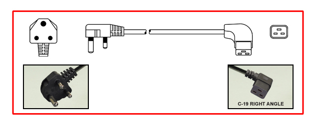 SOUTH AFRICA 15 AMPERE-250 VOLT POWER CORD <font color="yellow">**</font>, SANS 164-1, BS 546, [UK2-15P] TYPE M PLUG, RIGHT ANGLE IEC 60320 C-19 CONNECTOR, 2 POLE-3 WIRE GROUNDING [2P+E], 2.5 METERS [8FT-2IN] [98"] LONG, BLACK. 
<br><font color="yellow">Length: 2.5 METERS [8FT-2IN]</font>

<br><font color="yellow">Notes: </font>
<br><font color="yellow">**</font> SABS Approved [South Africa Bureau of Standards] 
<br><font color="yellow">*</font> Type M plugs connect with South Africa 15A/16A-250V outlets.
<br><font color="yellow">*</font> South Africa, plugs, power cords, outlets, sockets, power strips, adapters listed below in related products. Scroll down to view.
