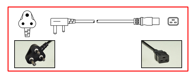 SOUTH AFRICA 15 AMPERE-250 VOLT POWER CORD <font color="yellow">**</font>, SANS 164-1, BS 546, [UK2-15P] TYPE M PLUG, IEC 60320 C-19 CONNECTOR, 2 POLE-3 WIRE GROUNDING [2P+E], 2.5 METERS [8FT-2IN] [98"] LONG, BLACK. 
<br><font color="yellow">Length: 2.5 METERS [8FT-2IN]</font>

<br><font color="yellow">Notes: </font>
<br><font color="yellow">**</font> SABS Approved [South Africa Bureau of Standards]
<br><font color="yellow">*</font> Type M plugs connect with South Africa 15A/16A-250V outlets.
<br><font color="yellow">*</font> South Africa, plugs, power cords, outlets, sockets, power strips, adapters listed below in related products. Scroll down to view.
