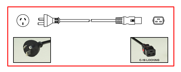 <font color="red">LOCKING</font> AUSTRALIA / NEW ZEALAND 15 AMPERE-250 VOLT POWER CORD, [AU2-15P] PLUG, IEC 60320 <font color="RED"> LOCKING C-19 CONNECTOR</font>, 2 POLE-3 WIRE GROUNDING [2P+E] 2.5 METERS [8FT-2IN] [98"] LONG. BLACK.
<br><font color="yellow">Length: 2.5 METERS [8FT-2IN]</font> 

<br><font color="yellow">Notes: </font> 
<br><font color="yellow">*</font> Locking C19 connector designed to securely lock onto all C20 inlets, C20 plugs, C20 power cords.
<br><font color="yellow">*</font> IEC 60320 C19 connector locks onto C20 power inlets or C20 plugs.(<font color="red"> Red color [slide release latch] unlocks the C19 connector.</font>)
<br><font color="yellow">*</font><font color="orange">Custom lengths / designs available.</font>  

 