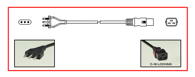 <font color="red">LOCKING</font> ITALY 16A-250V POWER CORD, CEI 23-16/VII PLUG [IT2-16P], IEC 60320 <font color="RED"> LOCKING C-19 CONNECTOR</font>, H05VV-F 1.5mm2 CONDUCTORS, 70C, 2 POLE-3 WIRE GROUNDING [2P+E], 2.5 METERS [8FT-2IN] [98"] LONG. BLACK.
<br><font color="yellow">Length: 2.5 METERS [8FT-2IN]</font>

<br><font color="yellow">Notes: </font> 
<br><font color="yellow">*</font> Locking C19 connector designed to securely lock onto all C20 inlets, C20 plugs, C20 power cords.
<br><font color="yellow">*</font> IEC 60320 C19 connector locks onto C20 power inlets or C20 plugs. (<font color="red"> Red color (slide release latch) unlocks the C19 connector.</font>)
<br><font color="yellow">*</font><font color="orange">Custom lengths / designs available.</font>  
<br><font color="yellow">*</font> <font color="red">Locking</font> European, British, UK, Australian, International and America / Canada NEMA 5-15P, 5-20P, 6-15P, 6-20P, L5-15P, L6-15P, L5-20P, L6-20P, L5-30P, L6-30P, IEC 60309 (6h), IEC 60320 C13, IEC 60320 C19 locking power cords are listed below in related products. Scroll down to view.