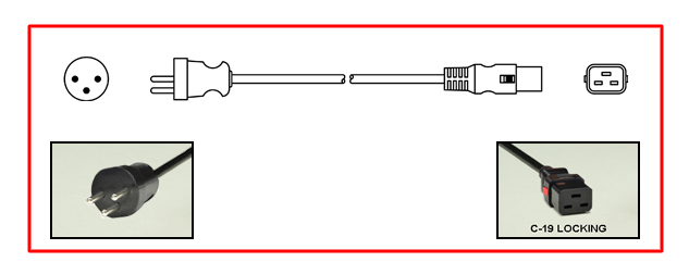 <font color="red">LOCKING</font> ISRAEL 16A-250V POWER CORD, SI 32 [IS1-16P] PLUG, IEC 60320 <font color="RED"> LOCKING C-19 CONNECTOR</font>, H05VV-F 1.5mm2 CONDUCTORS, 70C, 2 POLE-3 WIRE GROUNDING [2P+E], 2.5 METERS [8FT-2IN] [98"] LONG. BLACK.
<br><font color="yellow">Length: 2.5 METERS [8FT-2IN]</font> 

<br><font color="yellow">Notes: </font> 
<br><font color="yellow">*</font> Locking C19 connector designed to securely lock onto all C20 inlets, C20 plugs, C20 power cords.
<br><font color="yellow">*</font> IEC 60320 C19 connector locks onto C20 power inlets or C20 plugs. (<font color="red"> red color (slide release latch) unlocks the C19 connector.</font>)
<br><font color="yellow">*</font><font color="orange">Custom lengths / designs available.</font>  
<br><font color="yellow">*</font> <font color="red"> Locking</font> European, British, UK, Australian, International and America / Canada NEMA 5-15P, 5-20P, 6-15P, 6-20P, L5-15P, L6-15P, L5-20P, L6-20P, L5-30P, L6-30P, IEC 60309 (6h), IEC 60320 C13, IEC 60320 C19 locking power cords are listed below in related products. Scroll down to view.