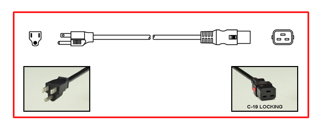 <font color="red">LOCKING</font> 15A-125V POWER CORD, NEMA 5-15P PLUG, IEC 60320 <font color="RED"> LOCKING C-19 CONNECTOR</font>, SJTO 14/3 AWG, 105C, 2 POLE-3 WIRE GROUNDING [2P+E], 2.5 METERS [8FT-2IN] [98"] LONG. BLACK.
<br><font color="yellow">Length: 2.5 METERS [8FT-2IN]</font>

<br><font color="yellow">Notes: </font> 
<br><font color="yellow">*</font> Locking C19 connector designed to securely lock onto all C20 inlets, C20 plugs, C20 power cords.
<br><font color="yellow">*</font> IEC 60320 C19 connector locks onto C20 power inlets or C20 plugs. (<font color="red"> Red color (slide release latch) unlocks the C19 connector.</font>)
<br><font color="yellow">*</font> NEMA 5-15P plugs connect with NEMA 5-15R (15A-125V) & NEMA 5-20R (20A-125V) receptacles/connectors.
<br><font color="yellow">*</font> <font color="red">Locking</font> America / Canada (NEMA) 5-15P, 5-20P, 6-15P, 6-20P, L5-15P, L6-15P, L5-20P, L6-20P, L5-30P, L6-30P and European, International, IEC 60309 (6h), IEC 60320 C13, IEC 60320 C19 locking power cords are listed below in related products. Scroll down to view.