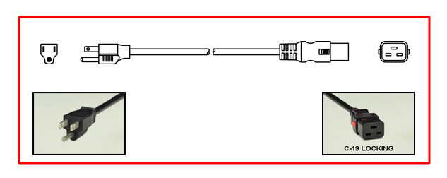 <font color="red">LOCKING</font> 15A-125V POWER CORD, NEMA 5-15P PLUG, IEC 60320 <font color="RED"> LOCKING C-19 CONNECTOR</font>, SJTO 14/3 AWG, 105C, 2 POLE-3 WIRE GROUNDING (2P+E), 3.66 METERS (12 FEET) (144") LONG. BLACK.
<br><font color="yellow">Length: 3.66 METERS (12 FEET)</font>

<br><font color="yellow">Notes: </font> 
<br><font color="yellow">*</font> Locking C19 connector designed to securely lock onto all C20 inlets, C20 plugs, C20 power cords.
<br><font color="yellow">*</font> IEC 60320 C19 connector locks onto C20 power inlets or C20 plugs. (<font color="red"> Red color (slide release latch) unlocks the C19 connector.</font>)
<br><font color="yellow">*</font> NEMA 5-15P plugs connect with NEMA 5-15R (15A-125V) & NEMA 5-20R (20A-125V) receptacles/connectors.
<br><font color="yellow">*</font> <font color="red">Locking</font> America / Canada NEMA 5-15P, 5-20P, 6-15P, 6-20P, L5-15P, L6-15P, L5-20P, L6-20P, L5-30P, L6-30P and European, International, IEC 60309 (6h), IEC 60320 C13, IEC 60320 C19 locking power cords are listed below in related products. Scroll down to view.