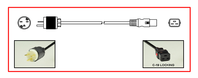 <font color="red">LOCKING</font> 15A-250V POWER CORD, NEMA 6-15P PLUG, IEC 60320 <font color="RED"> LOCKING C-19 CONNECTOR</font>, SJTO 14/3 AWG, 105�C, 2 POLE-3 WIRE GROUNDING [2P+E], 2.5 METERS [8FT-2IN] [98"] LONG. BLACK.
<br><font color="yellow">Length: 2.5 METERS [8FT-2IN]</font>

<br><font color="yellow">Notes: </font> 
<br><font color="yellow">*</font> IEC 60320 C19 connector locks onto C20 power inlets or C20 plugs. (<font color="red"> Red color (slide release latch) unlocks the C19 connector.</font>)
<br><font color="yellow">*</font> NEMA 6-15P plugs connect with NEMA 6-15R (15A-250V) & NEMA 6-20R (20A-250V) receptacles/connectors.
<br><font color="yellow">*</font> <font color="red">Locking</font> America / Canada (NEMA) 5-15P, 5-20P, 6-15P, 6-20P, L5-15P, L6-15P, L5-20P, L6-20P, L5-30P, L6-30P and European, International, IEC 60309 (6h), IEC 60320 C13, IEC 60320 C19 locking power cords are listed below in related products. Scroll down to view.