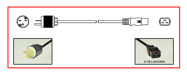 <font color="red">LOCKING</font> 15A-250V POWER CORD, NEMA 6-15P PLUG, IEC 60320 <font color="RED"> LOCKING C-19 CONNECTOR</font>, SJTO 14/3 AWG, 105C, 2 POLE-3 WIRE GROUNDING [2P+E], 2.5 METERS [8FT-2IN] [98"] LONG. BLACK.
<br><font color="yellow">Length: 2.5 METERS [8FT-2IN]</font>

<br><font color="yellow">Notes: </font> 
<br><font color="yellow">*</font> Locking C19 connector designed to securely lock onto all C20 inlets, C20 plugs, C20 power cords.
<br><font color="yellow">*</font> IEC 60320 C19 connector locks onto C20 power inlets or C20 plugs. (<font color="red"> Red color (slide release latch) unlocks the C19 connector.</font>)
<br><font color="yellow">*</font> NEMA 6-15P plugs connect with NEMA 6-15R (15A-250V) & NEMA 6-20R (20A-250V) receptacles/connectors.
<br><font color="yellow">*</font> <font color="red">Locking</font> America / Canada NEMA 5-15P, 5-20P, 6-15P, 6-20P, L5-15P, L6-15P, L5-20P, L6-20P, L5-30P, L6-30P and European, International, IEC 60309 (6h), IEC 60320 C13, IEC 60320 C19 locking power cords are listed below in related products. Scroll down to view.