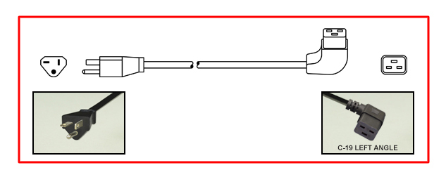 20 AMPERE-250 VOLT NEMA DETACHABLE POWER CORD, [NEMA 6-20P] PLUG, IEC 60320 C-19 LEFT ANGLE CONNECTOR, 2 POLE-3 WIRE GROUNDING [2P+E], 12/3 AWG, SJTO 105C, 2.5 METERS [8FT-2IN] [98"] LONG. BLACK.
<br><font color="yellow">Length: 2.5 METERS [8FT-2IN]</font>

<br><font color="yellow">Notes: </font> 
<br><font color="yellow">*</font> Plugs, power strips, connectors, outlets listed below in related products. Scroll down to view.