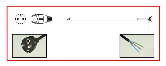 EUROPEAN CEE 7/7 SCHUKO 16 AMPERE-250 VOLT POWER SUPPLY CORD, [EU1-16P] TYPE E, F PLUG, H05VV-F CORD, 1.5mm2 BROWN, BLUE, GREEN/YELLOW CONDUCTORS, 2 POLE-3 WIRE GROUNDING, STRIPPED ENDS, 3.66 METERS [12 FEET] [144"] LONG. BLACK.
<br><font color="yellow">Length: 3.66 METERS [12 FEET]</font>