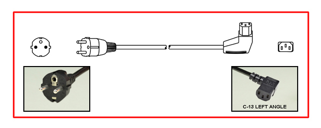 EUROPEAN SCHUKO 10 AMPERE 230-250 VOLT DETACHABLE CORD SET, CEE 7/7 SCHUKO TYPE E, F PLUG [EU1-16P] [DIN 49441], IEC 60320 C-13 LEFT ANGLE CONNECTOR, 2 POLE-3 WIRE GROUNDING. 2.5 METERS [8FT-2IN] [98"] LONG. BLACK.
<br><font color="yellow">Length: 2.5 METERS [8FT-2IN]</font>