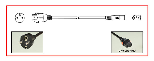 <font color="red">LOCKING</font> EUROPEAN & SOUTH KOREA 10 AMPERE-250 VOLT DETACHABLE POWER CORD, SCHUKO CEE 7/7 TYPE E, F PLUG [EU1-16P], IEC 60320 <font color="red">LOCKING C-13 CONNECTOR</font>, H05VV-F 1.0mm2 CONDUCTORS, 70C, 2 POLE-3 WIRE GROUNDING [2P+E], 2.5 METERS [8FT-2IN] [98"] LONG. BLACK. COILED.
<br><font color="yellow">Length: 2.5 METERS [8FT-2IN]</font>  

<br><font color="yellow">Notes: </font> 
<br><font color="yellow">*</font> Locking C13 connector designed to securely lock onto all C14 inlets, C14 plugs, C14 power cords.
<br><font color="yellow">*</font> IEC 60320 C-13 connector locks onto C14 power inlets. <font color="red">Slide buttons (red color) release (unlocks) the C-13 connector</font>.
<br><font color="yellow">*</font><font color="orange">Custom lengths / designs available.</font>  
<br><font color="yellow">*</font> IEC 60320 C-13 locking power strips, C-13 locking panel mount outlet and additional C-13 locking power cords are listed below under related products.