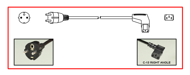 EUROPEAN SCHUKO 10 AMPERE 230-250 VOLT DETACHABLE CORD SET, CEE 7/7 SCHUKO TYPE E, F PLUG [EU1-16P] [DIN 49441], IEC 60320 C-13 RIGHT ANGLE CONNECTOR, 2 POLE-3 WIRE GROUNDING. 2.5 METERS [8FT-2IN] [98"] LONG. BLACK.
<br><font color="yellow">Length: 2.5 METERS [8FT-2IN]</font>