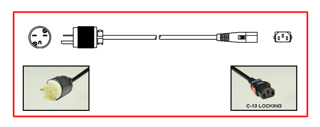 <font color="RED">LOCKING </font> 15A-250V POWER CORD, NEMA 6-15P PLUG, IEC 60320 <font color="RED"> LOCKING C-13 CONNECTOR</font>, SJT 14/3 AWG, 105C, 2 POLE-3 WIRE GROUNDING [2P+E], 2.5 METERS [8FT-2IN] [98"] LONG. BLACK.
<br><font color="yellow">Length: 2.5 METERS [8FT-2IN]</font>

<br><font color="yellow">Notes: </font> 
<br><font color="yellow">*</font> Locking C13 connector designed to securely lock onto all C14 inlets, C14 plugs, C14 power cords.
<br><font color="yellow">*</font> IEC 60320 C13 connector locks onto C14 power inlets or C14 plugs. (<font color="red"> Red color (slide release latch) unlocks the C13 connector.</font>)
<br><font color="yellow">*</font> NEMA 6-15P plugs connect with NEMA 6-15R (15A-250V) & NEMA 6-20R (20A-250V) receptacles/connectors.
<br><font color="yellow">*</font> IEC 60320, IEC 60309 C13, C19 locking type American NEMA, European, International power cords, PDU power strips, In-line connectors, panel mount sockets are listed below in related products. Scroll down to view.

 