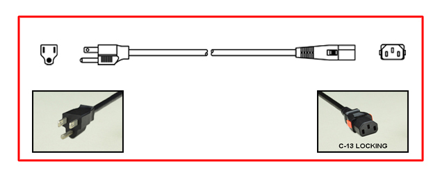 <font color="RED">LOCKING </font> 10A-125V POWER CORD, NEMA 5-15P PLUG, IEC 60320 <font color="RED"> LOCKING C-13 CONNECTOR</font>, SJTO 18/3 AWG, 105C, 2 POLE-3 WIRE GROUNDING [2P+E], 2.5 METERS [8FT-2IN] [98"] LONG. BLACK.
<br><font color="yellow">Length: 2.5 METERS [8FT-2IN]</font>

<br><font color="yellow">Notes: </font> 
<br><font color="yellow">*</font> Locking C13 connector designed to securely lock onto all C14 inlets, C14 plugs, C14 power cords.
<br><font color="yellow">*</font> IEC 60320 C13 connector locks onto C14 power inlets or C14 plugs. (<font color="red"> Red color (slide release latch) unlocks the C13 connector.</font>)
<br><font color="yellow">*</font> IEC 60320, IEC 60309 C13, C19 locking type American NEMA, European, International power cords, PDU power strips, In-line connectors, panel mount sockets are listed below in related products. Scroll down to view.

 
 

 