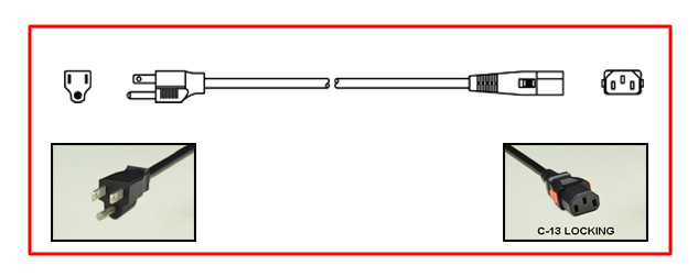 LOCKING 15A-125V POWER CORD, NEMA 5-15P PLUG, IEC 60320 LOCKING C-13 CONNECTOR, SJT 14/3 AWG, 105C, 2 POLE-3 WIRE GROUNDING (2P+E), 3.66 METERS (12 FEET) (144") LONG. BLACK.
<br><font color="yellow">Length: 3.66 METERS (12 FEET)</font>

<br><font color="yellow">Notes: </font> 
<br><font color="yellow">*</font> Locking C13 connector designed to securely lock onto all C14 inlets, C14 plugs, C14 power cords.
<br><font color="yellow">*</font> IEC 60320 C13 connector locks onto C14 power inlets or C14 plugs. (<font color="red"> Red color (slide release latch) unlocks the C13 connector.</font>)
<br><font color="yellow">*</font> IEC 60320, IEC 60309 C13, C19 locking type American NEMA, European, International power cords, PDU power strips, In-line connectors, panel mount sockets are listed below in related products. Scroll down to view.