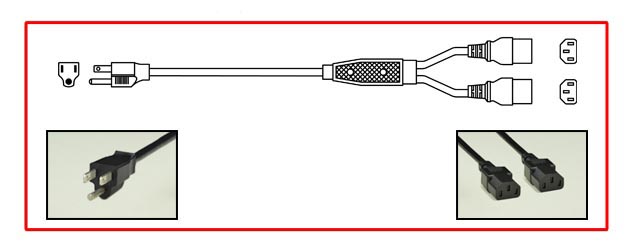 15 AMPERE-125 VOLT "Y" SPLITTER TYPE POWER CORD, NEMA 5-15P PLUG, TWO IEC 60320 C-13 CONNECTORS, 14/3 AWG, SJTO, 105C, 2 POLE-3 WIRE GROUNDING (2P+E), 3.05 METERS (10 FEET) (120") LONG (8 FEET TO "Y", EACH C-13 LEG 2 FEET LONG). BLACK.
<br><font color="yellow">Length: 3.05 METERS (10 FEET)</font>