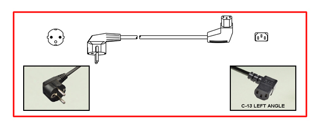 EUROPEAN SCHUKO 10 AMPERE 230-250 VOLT DETACHABLE CORD SET, CEE 7/7 SCHUKO TYPE E, F ANGLE PLUG [EU1-16P] [DIN 49441], IEC 60320 C-13 LEFT ANGLE CONNECTOR, 2 POLE-3 WIRE GROUNDING, 2.5 METERS [8FT-2IN] [98"] LONG. BLACK.
<br><font color="yellow">Length: 2.5 METERS [8FT-2IN]</font>