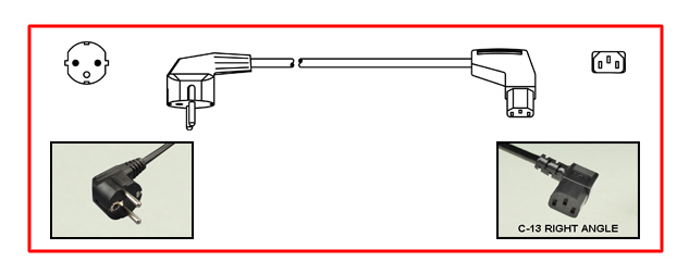 EUROPEAN SCHUKO 10 AMPERE 230-250 VOLT DETACHABLE CORD SET, CEE 7/7 SCHUKO TYPE E, F ANGLE PLUG [EU1-16P] [DIN 49441], IEC 60320 C-13 RIGHT ANGLE CONNECTOR, 2 POLE-3 WIRE GROUNDING, 2.5 METERS [8FT-2IN] [98"] LONG. BLACK.
<br><font color="yellow">Length: 2.5 METERS [8FT-2IN]</font>