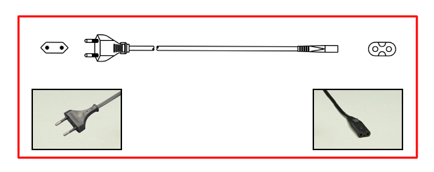 EUROPEAN INTERNATIONAL 2.5 AMPERE-250 VOLT POWER CORD, CEE 7/16, CEI 23-16 TYPE C PLUG (EUROPLUG), 4.0mm DIA. PINS, IEC 60320 C-7 CONNECTOR, 2 POLE-2 WIRE GROUNDING (2P), 1.8 METERS (6 FEET) (72") LONG, BLACK.
<br><font color="yellow">Length: 1.8 METERS (6 FEET)</font>