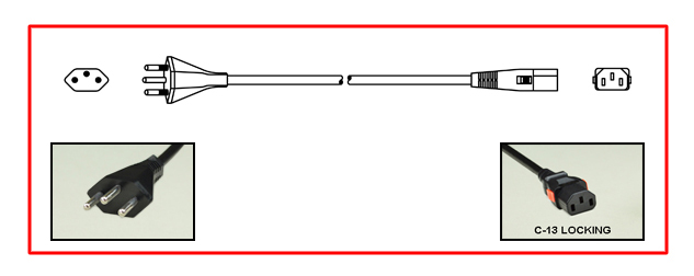 <font color="red">LOCKING</font> BRAZIL 10 AMPERE-250 VOLT DETACHABLE POWER CORD SET, NBR 14136 TYPE N [BR2-10P] PLUG, IEC 60320 <font color="red">LOCKING C-13 CONNECTOR</font>, H05VV-F 1.0mm2 CONDUCTORS, 70C, 2 POLE-3 WIRE GROUNDING [2P+E], 2.5 METERS [8FT-2IN] [98"] LONG. BLACK. COILED.
<br><font color="yellow">Length: 2.5 METERS [8FT-2IN]</font>  

<br><font color="yellow">Notes: </font> 
<br><font color="yellow">*</font> Locking C13 connector designed to securely lock onto all C14 inlets, C14 plugs, C14 power cords.
<br><font color="yellow">*</font> IEC 60320 C-13 connector locks onto C14 power inlets. <font color="red">Slide buttons (red color) release (unlocks) the C-13 connector</font>.
<br><font color="yellow">*</font><font color="orange">Custom lengths / designs available.</font>  
<br> <font color="yellow">*</font> Power cord plug mates with 10A-250V &  20A-250V Brazil outlets, connectors.  
<br><font color="yellow">*</font> IEC 60320 C-13 locking power strips, C-13 locking panel mount outlet and additional C-13 locking power cords are listed below under related products.