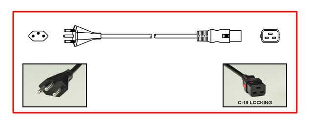 <font color="red">LOCKING</font> BRAZIL 16A-250V POWER CORD, NBR 14136 TYPE N [BR3-20P] PLUG, IEC 60320 <font color="RED"> LOCKING C-19 CONNECTOR</font>, H05VV-F 1.5mm2 CONDUCTORS, 70C, 2 POLE-3 WIRE GROUNDING [2P+E], 2.5 METERS [8FT-2IN] [98"] LONG. BLACK.
<br><font color="yellow">Length: 2.5 METERS [8FT-2IN]</font> 

<br><font color="yellow">Notes: </font> 
<br><font color="yellow">*</font> Locking C19 connector designed to securely lock onto all C20 inlets, C20 plugs, C20 power cords.
<br><font color="yellow">*</font> IEC 60320 C19 connector locks onto C20 power inlets or C20 plugs. (<font color="red"> Red color (slide release latch) unlocks the C19 connector.</font>)
<br><font color="yellow">*</font><font color="orange">Custom lengths / designs available.</font>  
<br><font color="yellow">*</font> <font color="red"> Locking</font> European, British, UK, Australian, International and America / Canada NEMA 5-15P, 5-20P, 6-15P, 6-20P, L5-15P, L6-15P, L5-20P, L6-20P, L5-30P, L6-30P, IEC 60309 (6h), IEC 60320 C13, IEC 60320 C19 locking power cords are listed below in related products. Scroll down to view. 