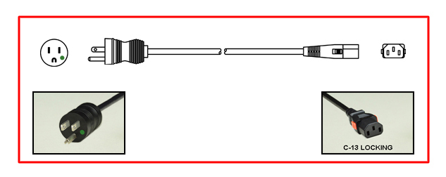 15A-125V <font color="red">LOCKING</font> HOSPITAL GRADE POWER CORD, GREEN DOT NEMA 5-15P PLUG, IEC 60320 <font color="red">LOCKING C-13 CONNECTOR</font>, SJTOW 14/3 AWG, 105C, 2 POLE-3 WIRE GROUNDING(2P+E), 3.1 METERS [10FT-2IN] [122"] LONG. BLACK. 
<br><font color="yellow">Length: 3.1 METERS [10FT-2IN]</font>

<br><font color="yellow">Notes: </font> 
<br><font color="yellow">*</font> Locking C13 connector designed to securely lock onto all C14 inlets, C14 plugs, C14 power cords.
<br><font color="yellow">*</font> IEC 60320 C-13 connector locks onto C14 power inlets. Slide buttons (red color) release (unlocks) the C-13 connector. 
<br><font color="yellow">*</font> IEC 60320 C-13 locking power strips, C-13 locking panel mount outlet listed below under related products.
 