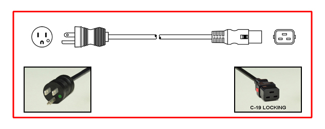 15 AMPERE-125 VOLT HOSPITAL GRADE POWER CORD, GREEN DOT NEMA 5-15P PLUG, <font color="red">LOCKING IEC 60320 C-19 CONNECTOR</font>, SJTOW 14/3 AWG, 105C CORD, 3.05 METERS (10 FEET) (120") LONG. BLACK.
<br><font color="yellow">Length: 3.05 METERS (10 FEET)</font> 

<br><font color="yellow">Notes: </font> 
<br><font color="yellow">*</font> Locking C19 connector designed to securely lock onto all C20 inlets, C20 plugs, C20 power cords.