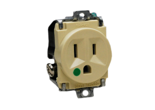 15A-125V HOSPITAL GRADE PANEL MOUNT RECEPTACLE, GREEN DOT NEMA 5-15R, 2 POLE-3 WIRE GROUNDING (2P+E), IMPACT RESISTANT NYLON BODY. UL/CSA LISTED. IVORY.  

<br><font color="yellow">Notes: </font> 
<br><font color="yellow">*</font> Plugs, connectors, receptacles, power cords, power strips, wall plates, weatherproof covers are listed below in related products. Scroll down to view.
