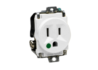 15A-125V HOSPITAL GRADE PANEL MOUNT RECEPTACLE, GREEN DOT NEMA 5-15R, 2 POLE-3 WIRE GROUNDING (2P+E), IMPACT RESISTANT NYLON BODY. UL/CSA LISTED. WHITE.      <br><font color="yellow">Notes: </font>   <br><font color="yellow">*</font> Plugs, connectors, receptacles, power cords, power strips, wall plates, weatherproof covers are listed below in related products. Scroll down to view.  
