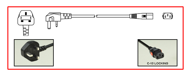 <font color="RED">LOCKING </font> BRITISH, UNITED KINGDOM 10 AMPERE-250 VOLT POWER, BS 1363A TYPE G [UK1-13P] PLUG, 13 AMPERE BS 1362 FUSE, IEC 60320 <font color="RED">LOCKING C-13 CONNECTOR</font>, 2 POLE-3 WIRE GROUNDING [2P+E], 2.5 METERS [8FT-2IN] [98"] LONG. BLACK.
<br><font color="yellow">Length: 2.5 METERS [8FT-2IN]</font>

<br><font color="yellow">Notes: </font> 
<br><font color="yellow">*</font> Locking C13 connector designed to securely lock onto all C14 inlets, C14 plugs, C14 power cords.
<br><font color="yellow">*</font> Available with 3A, 5A, 10A, 13A fuses.
<br><font color="yellow">*</font> IEC 60320 C13 connector locks onto C14 power inlets or C14 plugs. (<font color="red"> Red color (slide release latch) unlocks the C13 connector.</font>).
<br><font color="yellow">*</font><font color="orange">Custom lengths / designs available.</font>  
<br><font color="yellow">*</font> IEC 60320, IEC 60309 C13, C19 locking type American NEMA, European, International power cords, PDU power strips, in-line connectors, panel mount sockets are listed below in related products. Scroll down to view.



 