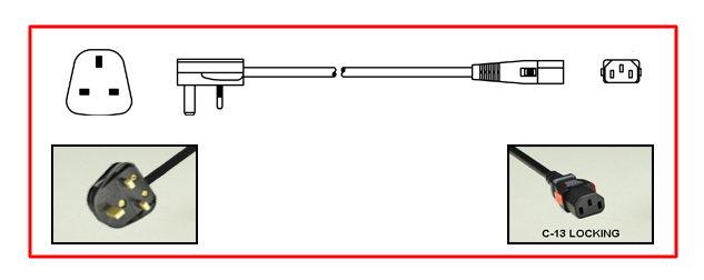 <font color="RED">LOCKING </font> SAUDI ARABIA 10 AMPERE-250 VOLT POWER CORD, BS 1363A TYPE G (SA1-13P) SASO 2203 PLUG, 13 AMPERE BS 1362 FUSE, IEC 60320 <font color="RED">LOCKING C-13 CONNECTOR</font>, 2 POLE-3 WIRE GROUNDING [2P+E], 2.5 METERS [8FT-2IN] [98"] LONG. BLACK.
<br><font color="yellow">Length: 2.5 METERS [8FT-2IN]</font>

<br><font color="yellow">Notes: </font> 
<br><font color="yellow">*</font> Available with 3A, 5A, 10A, 13A fuses.
<br><font color="yellow">*</font> IEC 60320 C13 connector locks onto C14 power inlets or C14 plugs. (<font color="red"> Red color (slide release latch) unlocks the C13 connector.</font>).
<br><font color="yellow">*</font> IEC 60320, IEC 60309 C13, C19 locking type American NEMA, European, International power cords, PDU power strips, In-line connectors, panel mount sockets are listed below in related products. Scroll down to view.


 
 