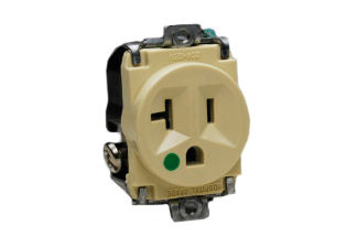 20A-125V HOSPITAL GRADE PANEL MOUNT RECEPTACLE, GREEN DOT NEMA 5-20R, 2 POLE-3 WIRE GROUNDING (2P+E), IMPACT RESISTANT NYLON. UL/CSA LISTED. IVORY.

<br><font color="yellow">Notes: </font> 
<br><font color="yellow">*</font> Plugs, connectors, receptacles, power cords, wall plates, weatherproof covers are listed below in related products. Scroll down to view.