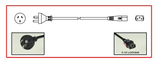 <FONT COLOR="RED">LOCKING</FONT> AUSTRALIA / NEW ZEALAND 10 AMPERE-250 VOLT DETACHABLE CORD SET, [AU1-10P] PLUG, IEC 60320 <FONT COLOR="RED">LOCKING C-13 CONNECTOR</FONT>, 2.5 METERS [8FT-2IN] [98"] LONG. BLACK. 
<br><font color="yellow">Length: 2.5 METERS [8FT-2IN]</font>

<br><font color="yellow">Notes: </font> 
<br><font color="yellow">*</font> Locking C13 connector designed to securely lock onto all C14 inlets, C14 plugs, C14 power cords. 
<br><font color="yellow">*</font> IEC 60320 C13 connector locks onto C14 power inlets. (<font color="red">Slide buttons (red color) release (unlocks) the C13 connector.</font>)
<br><font color="yellow">*</font><font color="orange">Custom lengths / designs available.</font>  
<br><font color="yellow">*</font> IEC 60320 C13 locking power strips, C13 locking panel mount outlet and additional C13 locking power cords are listed below under related products.